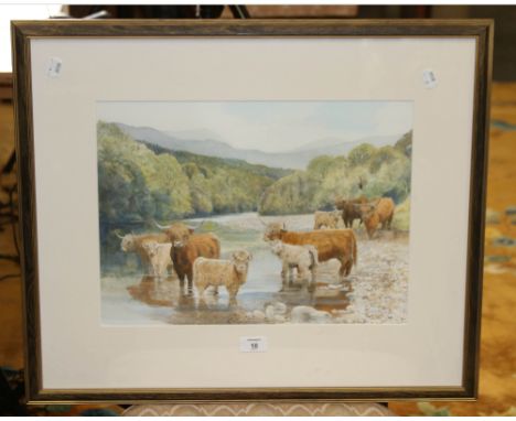 After Roger Lee Highland cattle in an extensive landscape Artist's proof print, titled verso