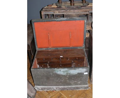 A 19th century traditional cabinet maker's tool box, with mahogany fitted interior, together with a George I walnut veneered 
