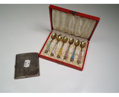 A 20th century heavy silver cigarette case, and a  set of six Danish silver and enamel spoons