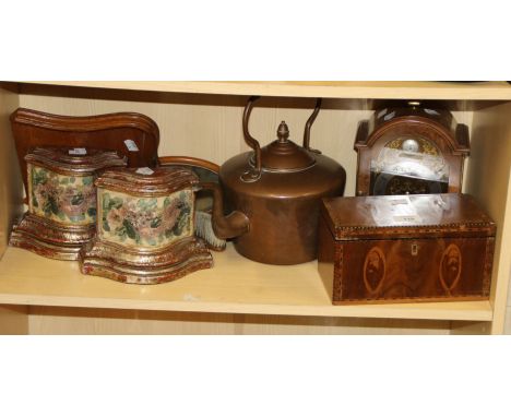 A George III tea caddy, reproduction mantel clock, Venetian book ends, copper kettle and other items