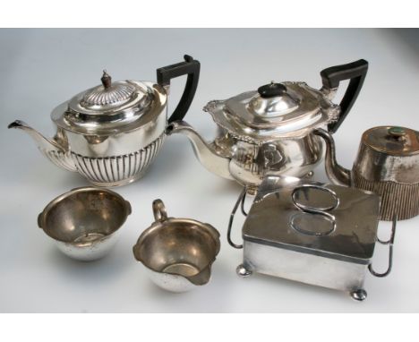 A tea kettle on stand, with teapot en suite, three further teapots, two pairs of entree dishes and a number of other entree d