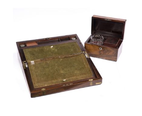 A Victorian rosewood travelling writing box 45cm and a rosewood tea caddy 25cm