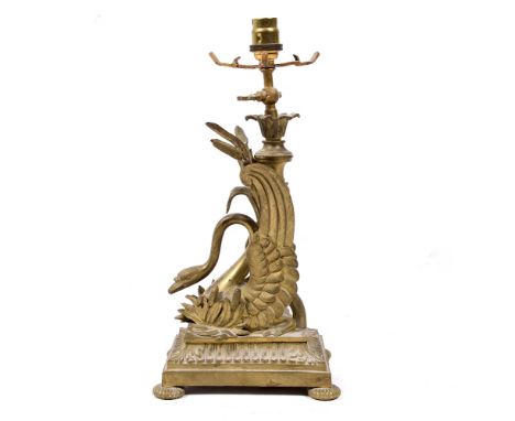 A cast brass table lamp  with swan column, 32cm high