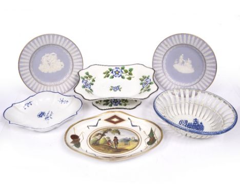 A Spode quatrefoil oval dish circa 1830, a 19th Century painted oval dish, a pedestal stand, a creamware basket and two puce 