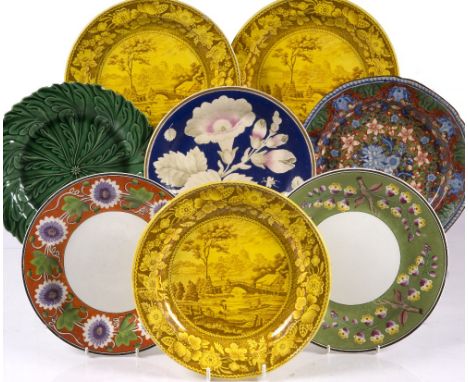 A set of three Montereau yellow transfer plates (ex Valerie Howard) and five other 19th Century plates (8)