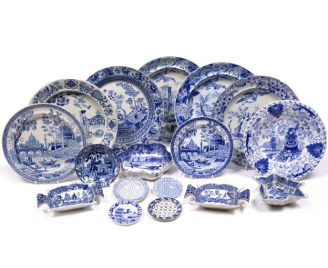 A collection of blue transfer ware to include a pickle dish, Spode 'Rome' series and others