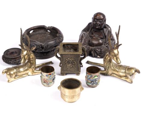 A collection of Chinese items to include two enamel small containers, a ding, a censer, two stags, a hardwood and silver inla