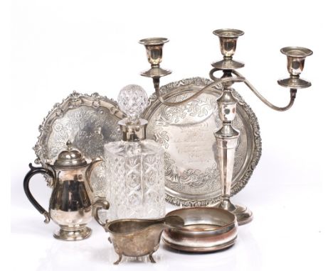 A small quantity of various silver plated wares including salvers, candelabra, decanter, coaster etc