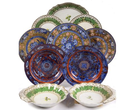 A pair of Spode shell dishes circa 1820, three other matching plates and five other transfer plates (10)