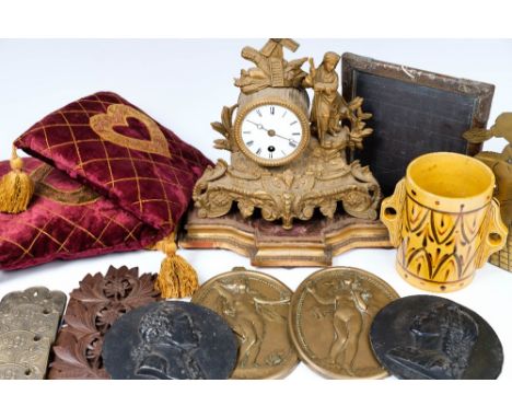 A group of pieces  to include a gilt mantel clock, a roundel with the profile of Washington and other items