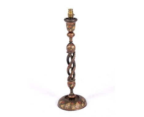 A Kashmiri papier mache candlestick converted to a table lamp, 51cm