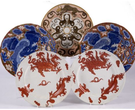 Five various 19th Century dragon design pottery and porcelain plates
