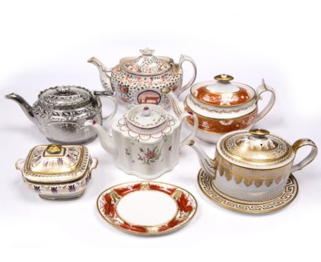 A Barr Flight and Barr oval teapot and stand pattern 1037, a 19th Century oval gilt teapot and stand, two silver resist oval 