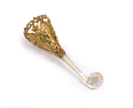 A Victorian gilt metal and mother of pearl posy holder
