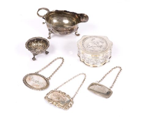 A small collection of miscellaneous silver and other wares including a Georgian style sauce boat, a continental trinket box, 