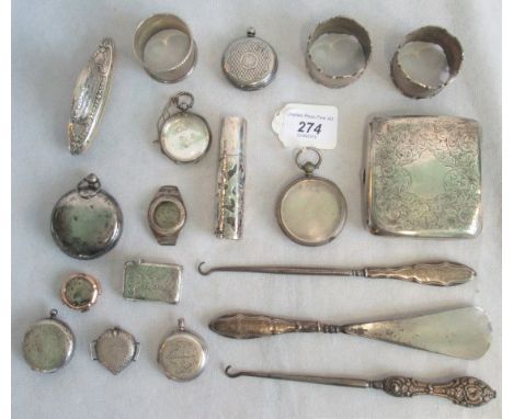 A box containing a quantity of miscellaneous items, to include: cigarette case, serviette rings, vesta's, button hook and oth