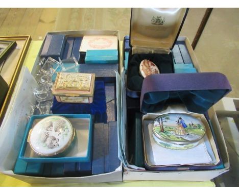 A large collection of Halcyon Days enamel Valentine pill boxes, 1975 - 1989, together with other enamel boxes, some with cert