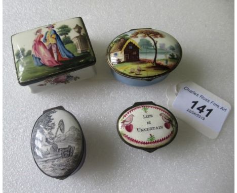 A collection of four late 18th century Bilston & Birmingham enamel cashew and patch boxes, one bearing the legend 'Life is Un