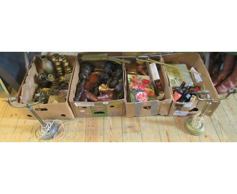 Four boxes containing a quantity of miscellaneous household items, to include: metal music stand, coffee grinder, spelter fig