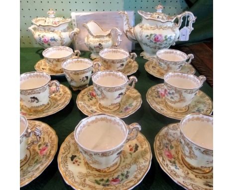 A Copeland &amp; Garrett Felspar decorated tea serice comprising:  teapot, twin handled sugar bowl, cream jug and nine cups &