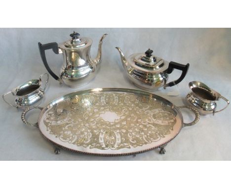 A silver plated four piece tea service on associated tray.