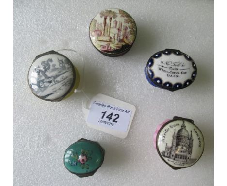 A collection of five Bilston & Birmingham enamel patch boxes, including one bearing the legend 'No Foil is Pain When Love's T