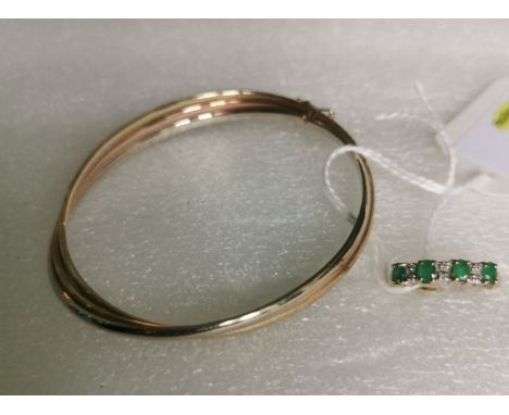 A Russian-style 9ct three coloured gold bangle, together with an emerald and diamond half-hoop ring, bangle 8.4g, ring 2.2g, 