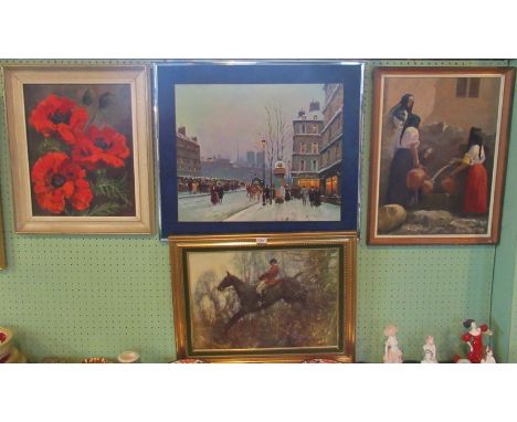 Four miscellaneous oils and prints, to include: Parisian street scene, poppies, The Water Maidens and a huntsman.