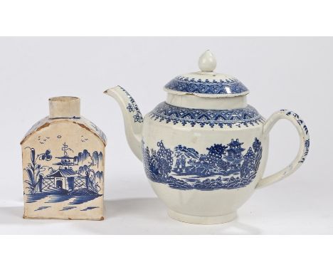 Early 19th Century pearlware tea caddy, with a Chinese pagoda scene, together with a Buffalo pattern teapot and cover, (2) Me
