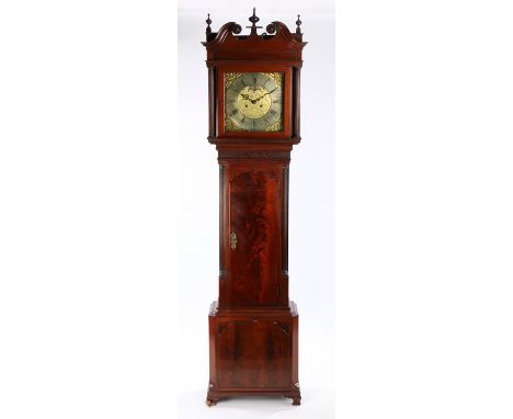 George III mahogany longcase clock, Peter Fearnley of Wigan, the swan neck pediment with a central urn above a glazed hood fl