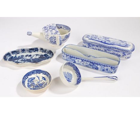 Collection of blue and white transfer decorated pottery, to include a toilet box, a pen tray, a feeder cup, a sifter, a ladle