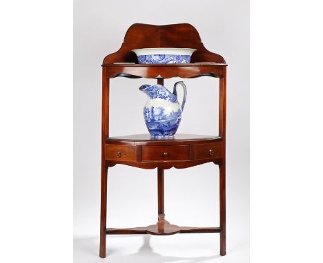 19th Century mahogany washstand with a gallery back above a frieze drawer to the shelf uniting the legs, together with the po