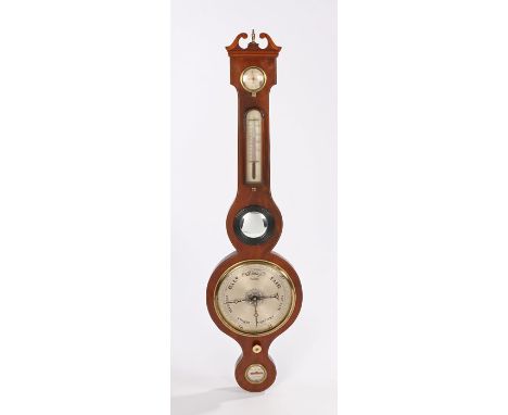 19th Century mahogany wheel barometer, G. Cetta, Luton, the dry damp gauge above thermometer, mirror and weather gauge and th