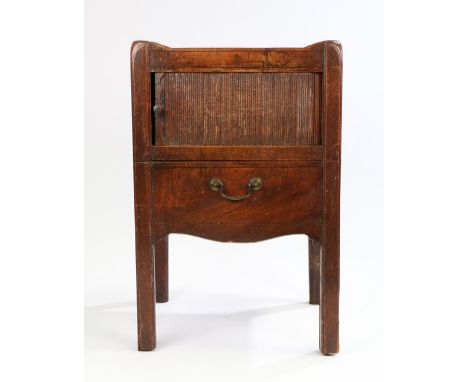 George III mahogany tray top commode, the gallery tray top above the tambour slide front and pull out commode drawer, 51cm wi