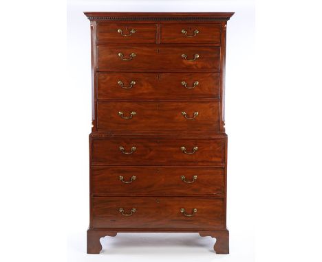 George III mahogany chest on chest, the concave cornice above two short and six long drawers raised on bracket feet, 112cm x 