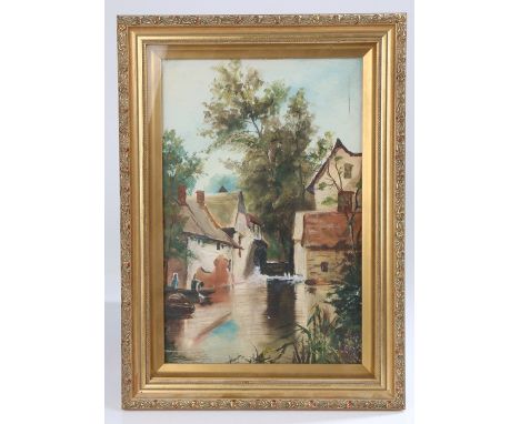 Henrie Pitcher (early 20th Century), mill pond with water wheel to the rear, signed oil on board dated '11, housed in a gilt 