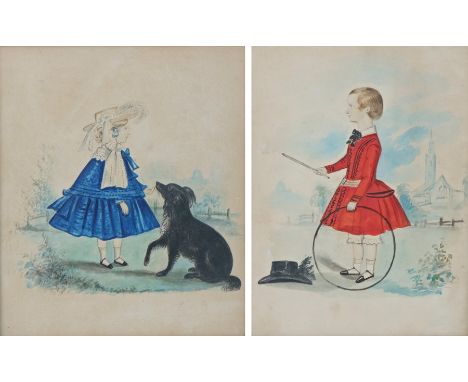 Pair of 19th Century naive watercolours depicting a young boy with a stick and hoop and a young girl with a dog