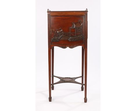 19th Century mahogany pot cupboard, the gallery top above a Chinese pagoda scene to the door above tapering legs united by a 