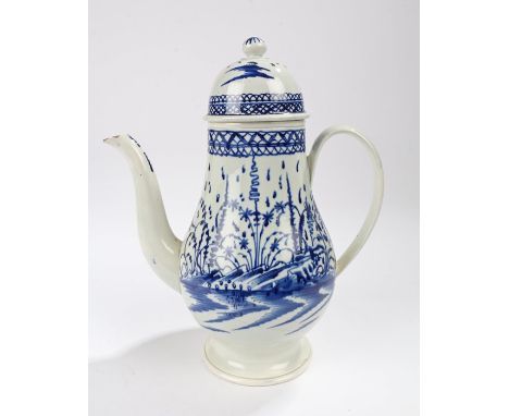 George III Staffordshire pearlware pottery coffee pot, circa 1800, the knobbed finial above the dome lid and blue decorated C