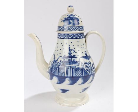 George III Staffordshire pearlware pottery coffee pot, circa 1800, the knobbed finial above the dome lid and blue decorated C