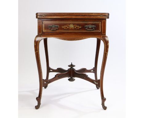 Edwardian mahogany, bone and boxwood inlaid envelope top card table, the folding top opening to reveal a green baize lined pl