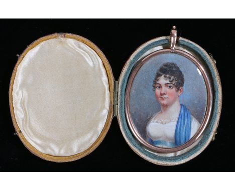 George III period portrait miniature, of a lady with a white dress and blue scarf, black curled hair, with hair to the back o