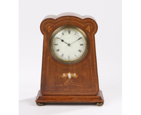 Edwardian walnut mantel clock, the shaped case with stylised foliate mother of pearl and boxwood inlay, the white enamel dial