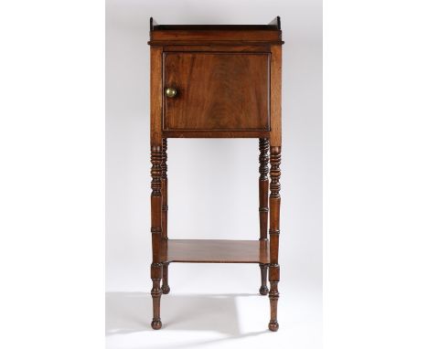 19th Century mahogany pot cupboard, the gallery top above a cupboard door and shelf united legs, 37cm x 36cm x 87cm 