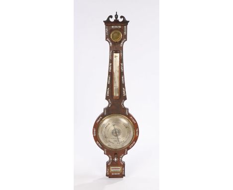19th Century rosewood cased barometer by Chamberlain &amp; Sons of London, of banjo form, inlaid with mother of pearl decorat
