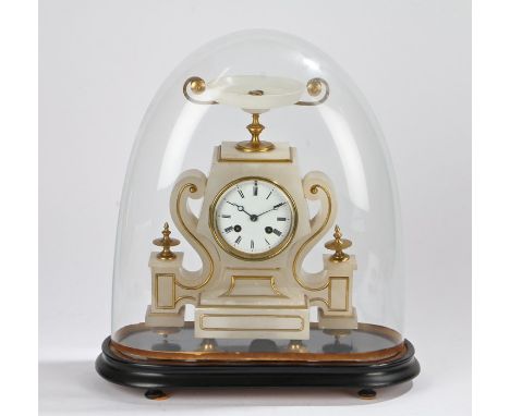 19th Century alabaster clock, the white enamel dial with Roman hours, the case with scrolls and gilt brass finials and urn su