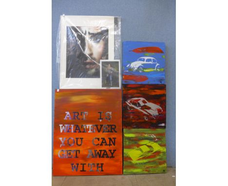 Assorted acrylic paintings and prints and two painted signs 