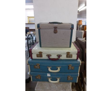 Two vintage suitcases, a picnic hamper and one other 