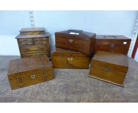 A Regency rosewood sarcophagus shaped tea caddy, two Victorian walnut jewellery boxes, etc. (6) 
