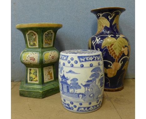 Two Chinese porcelain garden seats and a vase 